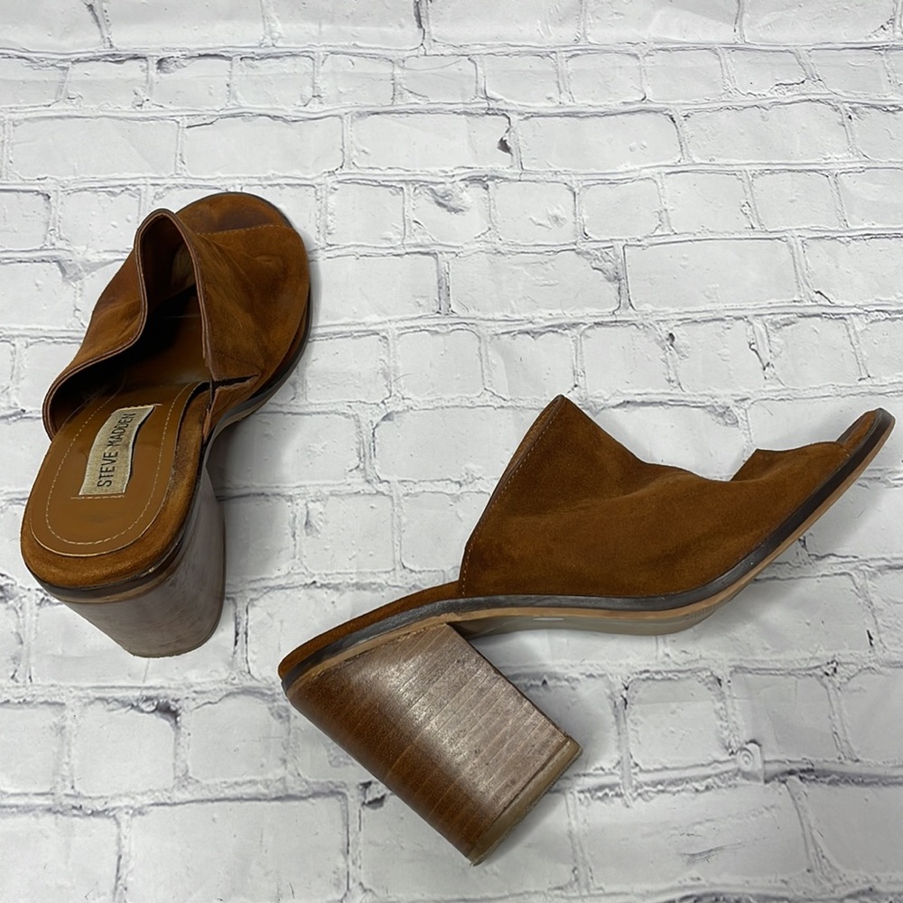 Steve Madden Krizia Size 9 Tan Suede Leather Chunky Heel Open Toe Mule Shoes - Picture 7 of 9